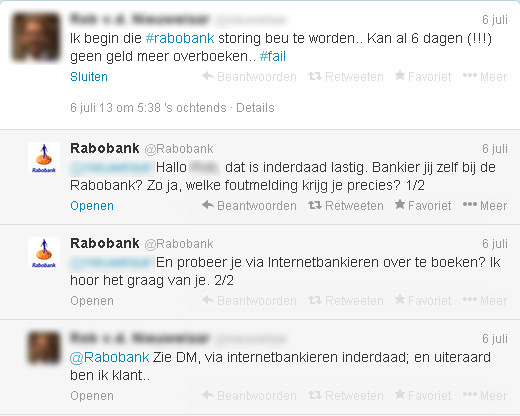 Er wordt een Tweet geplaatst over een storing bij de Rabobank, de Rabobank pikt dit op en reageert hierop.