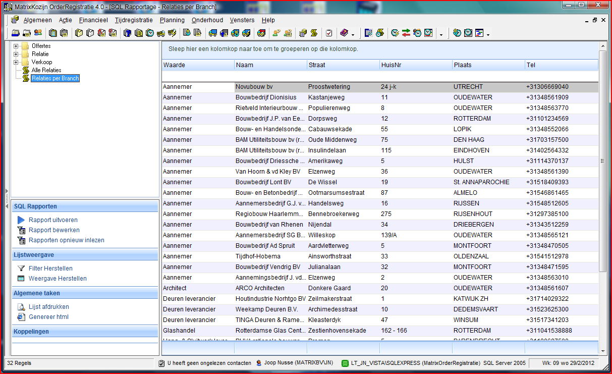 Aan de overzichtsschermen Relatie, Project, BestelOrder en ProductieOrder is in de lijstweergave met contacten de kolom Werknemer toegevoegd. Er is een nieuw scherm "SQL Rapportage".