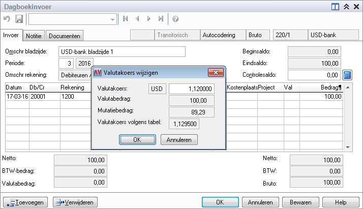 86 Uitgebreide vreemde valuta Afbeelding 6.6. Valutakoers wijzigen in een dagboek in vreemde valuta (USD), met een openstaande post in vreemde valuta (USD) Valutakoersen wijzigen - dagboek USD en