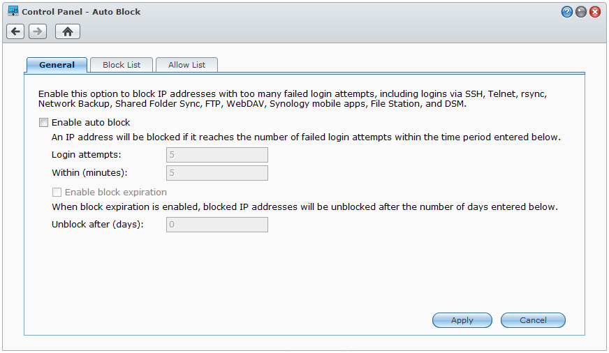 Gebruikershandleiding Synology NAS Verdachte aanmeldingspogingen automatisch blokkeren Automatisch blokkeren biedt u de mogelijkheid om niet-geautoriseerde aanmeldingen te voorkomen.