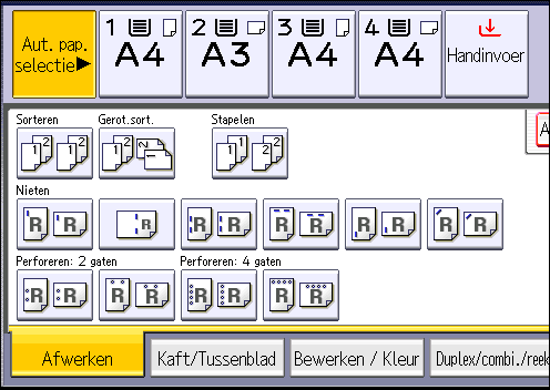 3. Kopiëren 1. Druk op [Afwerken]. 2. Selecteer één van de perforeerposities. 3. Druk op [OK]. 4.