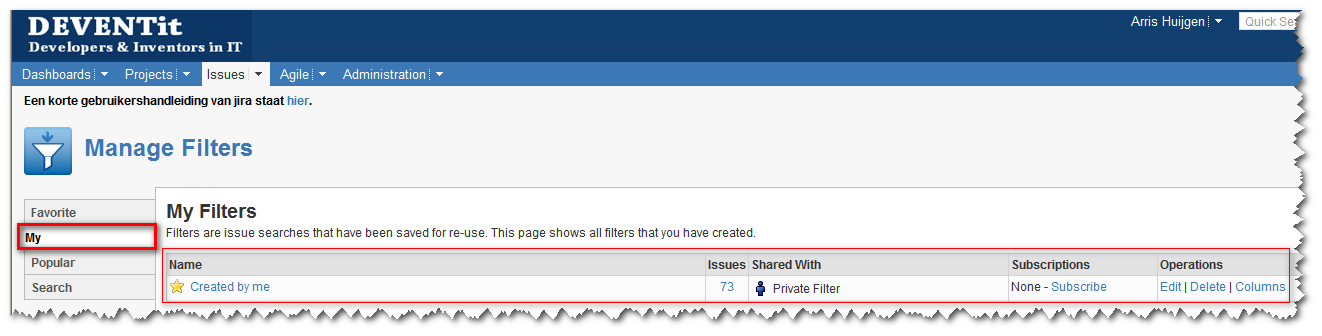 3.3 Opgeslagen filter gebruiken Er staan al een aantal aangemaakte filters voor u klaar. De filter Assigned To Me en Created By Me. Assigned To Me: weergeeft alle openstaande issues toegewezen aan u.