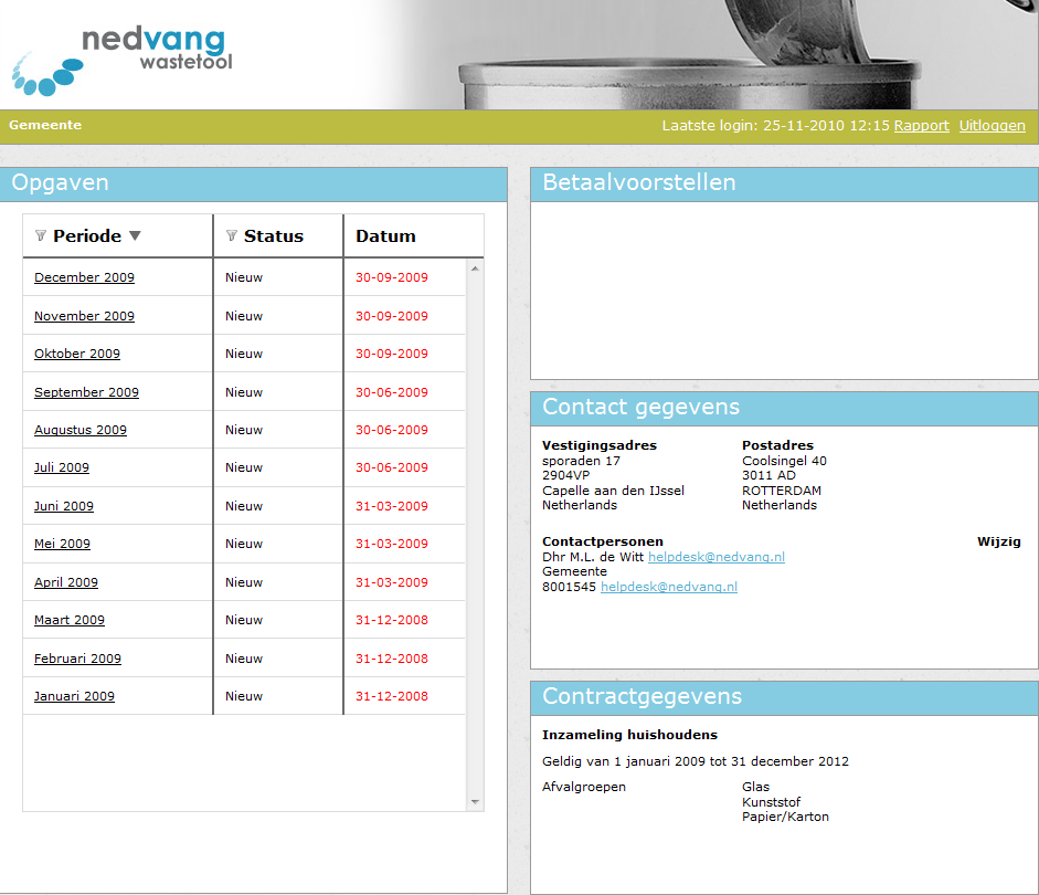 Beginscherm Hierboven ziet u als voorbeeld het beginscherm van WasteTool voor een contract Inzameling huishoudens (rechtsonder) en de materiaalstromen Glas, Kunststof en Papier/ karton.