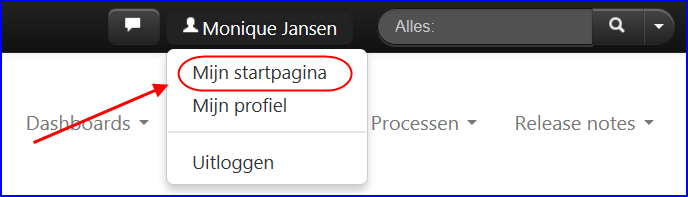 Op elk gewenst moment kun je via de metabar terugkeren naar je persoonlijke startpagina door rechts bovenin het scherm op Mijn startpagina te klikken of op het logo links bovenin het scherm.