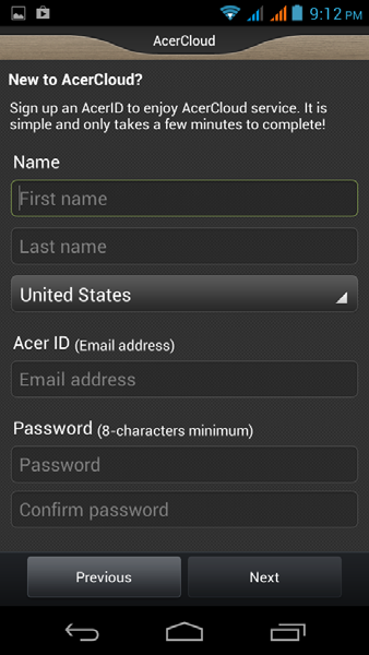Wanneer u al beschikt over een Acer-ID, gebruikt u uw e-mailadres en een wachtwoord om u aan te melden bij uw AcerCloud-account.