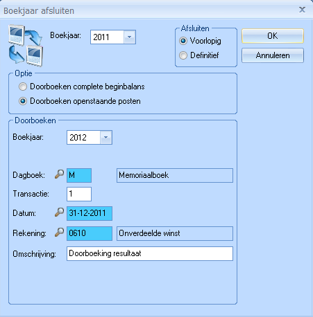 JAARAFSLUITING MET DOORBOEKEN VAN ALLEEN DE OPENSTAANDE POSTEN De werkwijze van de jaarafsluiting met doorboeken van alleen de openstaande posten, is identiek aan de jaarafsluiting met doorboeken van
