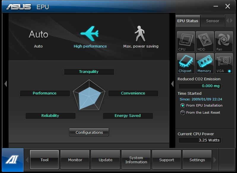 Extra Het menu Tool (Extra) bevat de panelen EPU, Probe II, Sensor Recorder en Ai Charger+. EPU EPU is een energie-efficiënt hulpprogramma die aan diverse computervereisten voldoet.