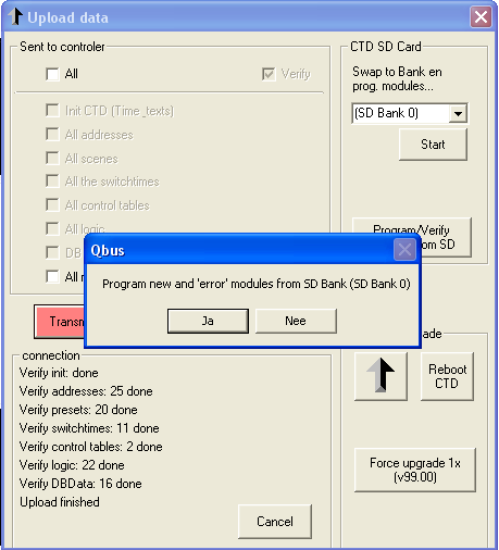 Selecteer "Alle gegevens" telkens wanneer u een volledig nieuw.qdb-bestand naar de controller wilt versturen (bv. bij de eerste configuratie van uw systeem of wanneer u een nieuw.