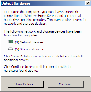 Herstel Configuratiehandleiding pagina 56 6. Als het venster Detect Hardware (Hardware detecteren) geen netwerkapparaat bevat (Afb. 101), klikt u op Show Details (Details weergeven). 7.