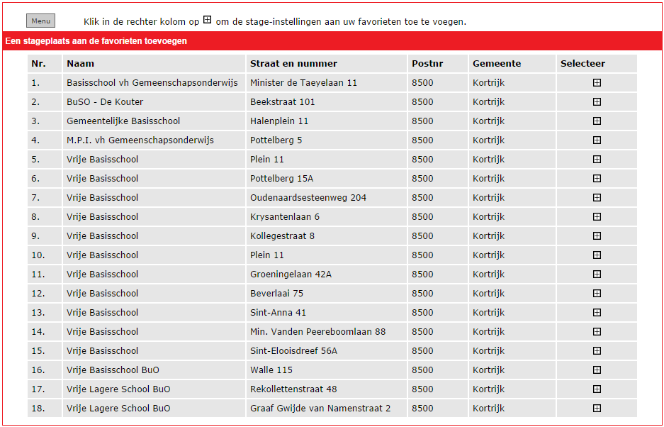 Voorbeeld: voor de scholen in Kortrijk (8500), krijg je volgende lijst.