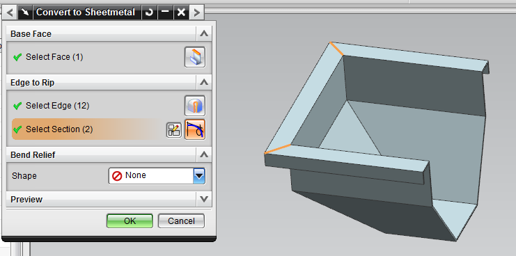 Convert To sheetmetal: Edges to rip.