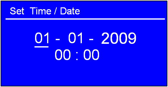 Datum/tijd instellen Handmatig instellen van datum en tijd 1. Selecteer <Main menu > < System settings > < Time/Date > en druk op de 'SELECT' knop voor bevestiging. 2.