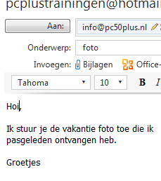 Kan ik ook zelf een bijlage met mijn e-mailbericht meesturen? Windows Live Hotmail Ja, dit kan natuurlijk ook! Bijvoorbeeld een foto meesturen.