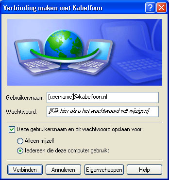 m nu verbinding te maken klikt u op: Start => Verbinding maken => Kabelfoon. Het scherm, zoals in het hieronder getoonde plaatje, is verschenen. Om verbinding te maken klikt u op Verbinden.