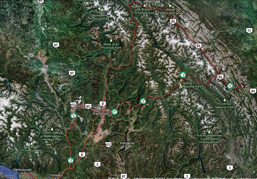 Hieronder mijn route: Vancouver > Cache Creek (via Hope) > Valemount > Jasper > Lake Louise > Banff > Lake
