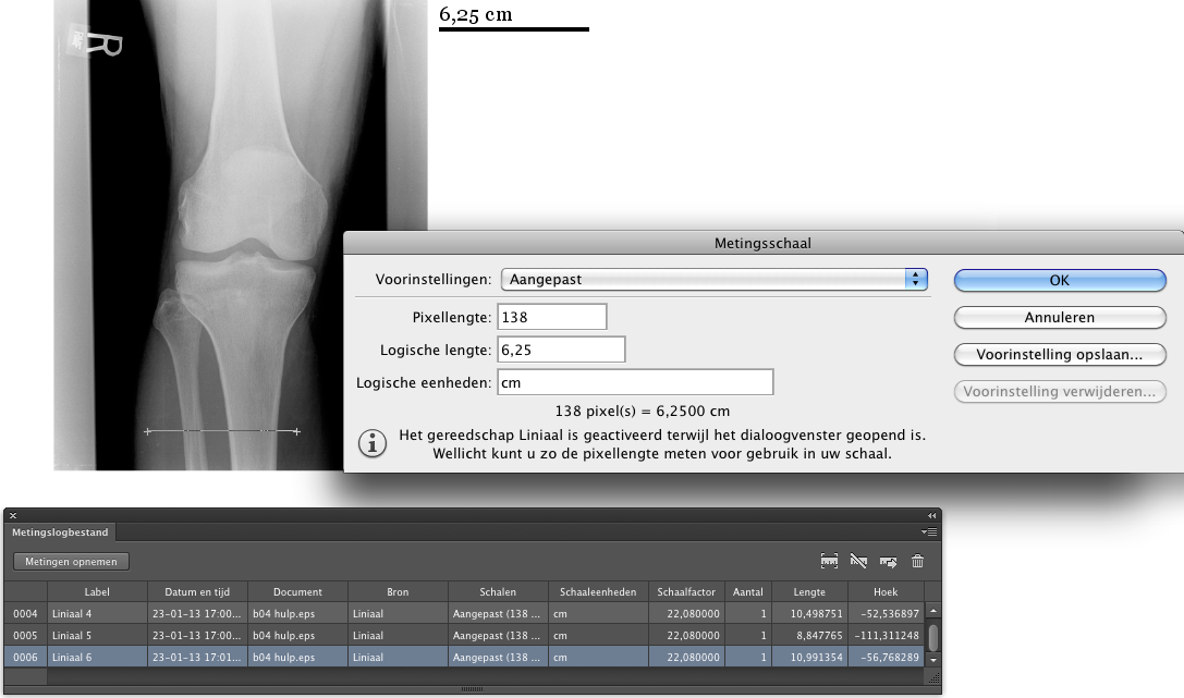 6 Photoshop CS6 voor Dummies Figuur 4: Sleep een bekende afstand en plaats een schaalmarkering In dit voorbeeld weten we dat het bot van de patiënt een breedte heeft van 6,25 centimeter.