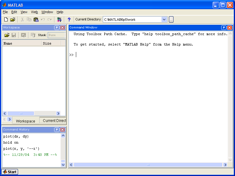 Hoofdstuk 2 User interface 2.1 MATLAB venster Wanneer je MATLAB voor het eerst opstart krijg je een scherm te zien zoals in figuur 2.1. De rechterkant ervan, het Command Window, is het belangrijkst, hierin worden de MATLAB commando s ingegeven en de resultaten van berekeningen getoond.