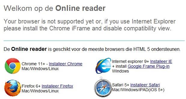 Mocht u onderstaande melding krijgen, dan heeft u een verouderde browserversie. U zult een nieuwere versie moeten installeren om het ebook te kunnen lezen.
