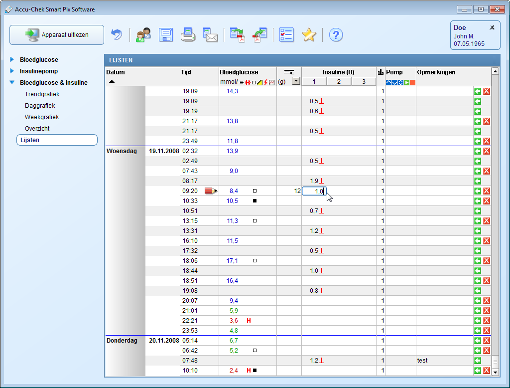 Hoofdstuk 5, Rapportage en gegevensbestand Insulinedosis invoeren en bewerken De insulinetypes 1, 2 en 3 worden in de lijst als volgt ingedeeld: Als u een insulinepomp gebruikt, wordt de pompinsuline