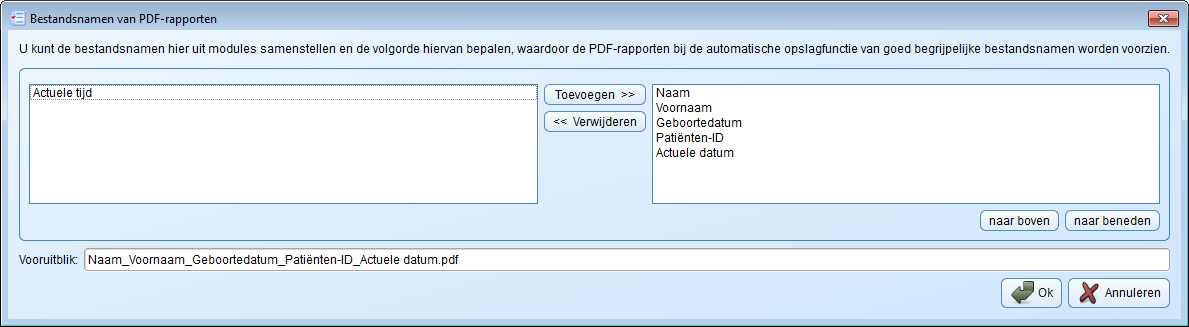 Hoofdstuk 3, Accu-Chek Smart Pix-software starten en configureren Bovendien kunt u hier instellen welke bestandsnamen gearchiveerde rapportages (als PDF-bestand) voortaan moeten krijgen.