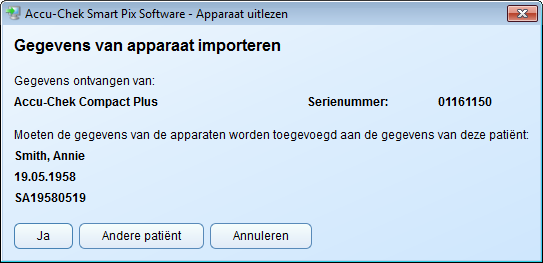 Hoofdstuk 4, Werken met de Accu-Chek Smart Pix-software Bestaand gegevensbestand toewijzen Als u gegevens heeft geïmporteerd die aan een persoon met een reeds bestaand gegevensbestand moeten worden