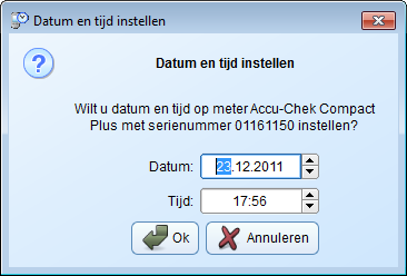 Hoofdstuk 4, Werken met de Accu-Chek Smart Pix-software Halfautomatische correctie van datum en tijd Wanneer u een meter uitleest, vergelijkt de Accu-Chek Smart Pix-software automatisch de