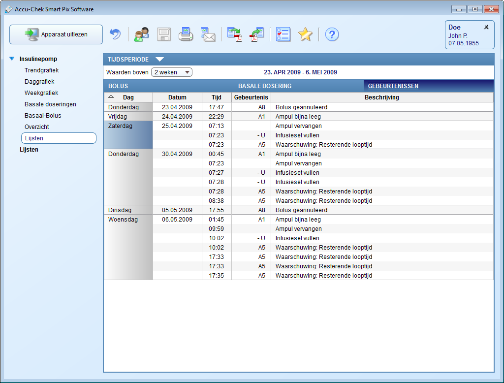 Hoofdstuk 5, Rapportage en gegevensbestand Lijsten De drie informatiegroepen Bolus, Basale dosering en Gebeurtenissen worden (op drie afzonderlijke tabbladen) ook in de vorm van lijsten weergegeven.