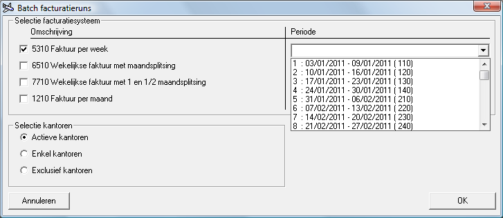 Hier kan men selecteren voor welke systemen en periodes men fakturatieruns wenst aan te maken.