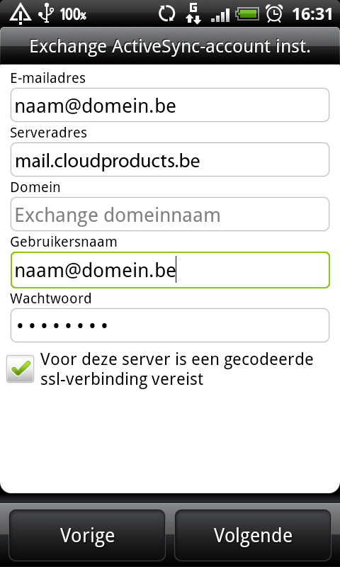 Als u gekozen heeft voor Exchange ActiveSync zal het toestel vragen naar uw emailadres en uw wachtwoord.