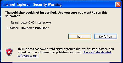 Internet Explorer zal een waarschuwing geven dat de uitgever van het bestand niet kan worden geverifieerd.