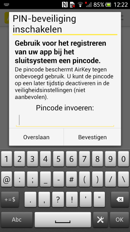 Afbeelding 24: AirKey-app Pincode bij registratie inschakelen Wanneer de registratiecode ongeldig of verstreken is, krijgt u een foutmelding.