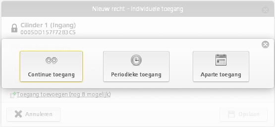 > In het dialoogvenster 'Nieuwe rechten Individuele toegang' ziet u de reeds verstrekte individuele toegangsrechten.