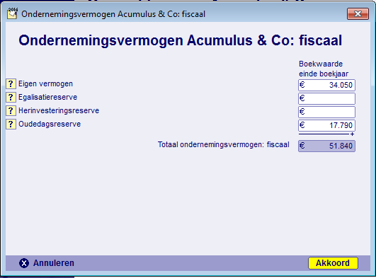 Zie Bijlage 2 Jaarrekening IB-aangifte 2014 uit Acumulus (pagina 4) Eigen vermogen: Ondernemingsvermogen > Eigen Vermogen