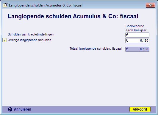 Zie Bijlage 2 Jaarrekening IB-aangifte 2014 uit Acumulus (pagina 4) Overige langlopende schulden: Leningen en schulden Ter info: Wanneer een schuld niet in het scherm Kortlopende schulden