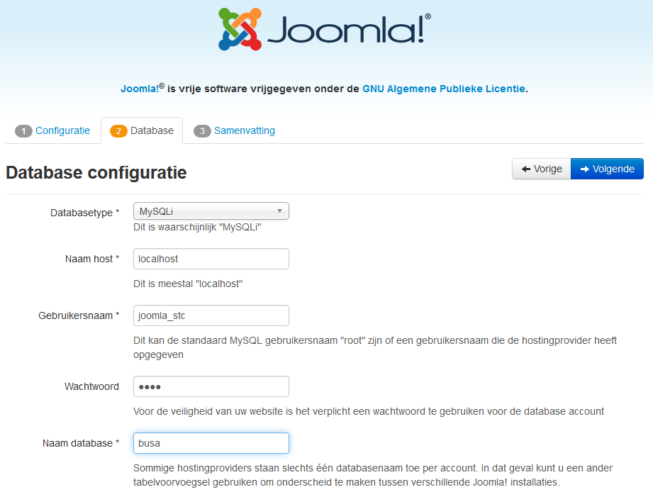 naam_joomla34 naam_joomla34 Laat de instelling Databasetype staan op MySQLi.