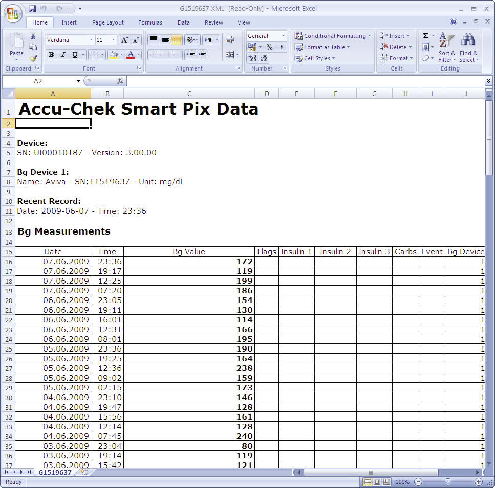 Hoofdstuk 4, Accu-Chek-rapportage Selecteer in het vervolgens weergegeven dialoogveld de optie om het XML-bestand, gebruik makend van de bijbehorende stylesheet, te importeren.