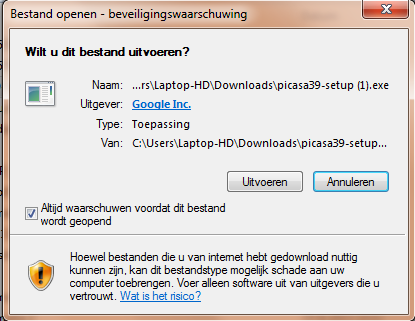 Als u een Nederlandstalige Windows versie hebt dan wordt Picasa ook automatisch in de Nederlandse taal gedownload. Zie het venster van figuur 2-1.