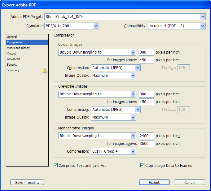 SheetCmyk_1v4 PDF export settings for Adobe
