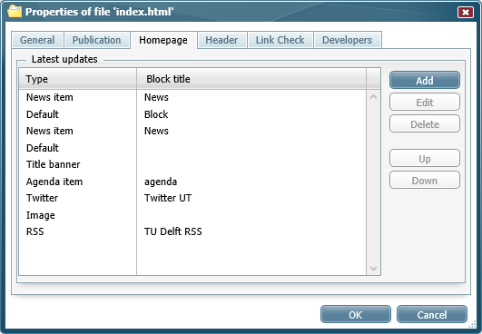 2 HOMEPAGE BLOKKEN In het properties-venster van de hoofdpagina van de website (index.html in de map van de taal (en/nl) is er ook het tabblad Homepage.