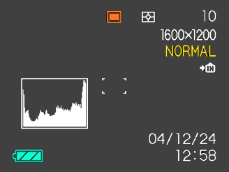 OVERIGE OPNAMEFUNCTIES Gebruiken van het histogram U kunt de [DISP] toets gebruiken voor het tonen van een histogram op het beeldscherm.