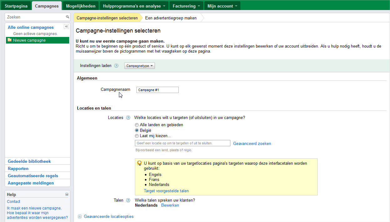 Campagnes & advertentiegroepen opzetten Beperk de locaties