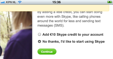 6 Sleep de pagina omhoog (Ik ga akkoord - Doorgaan) Uw Skype-account is geregistreerd. Skype wil u meteen Skype-tegoed verkopen.
