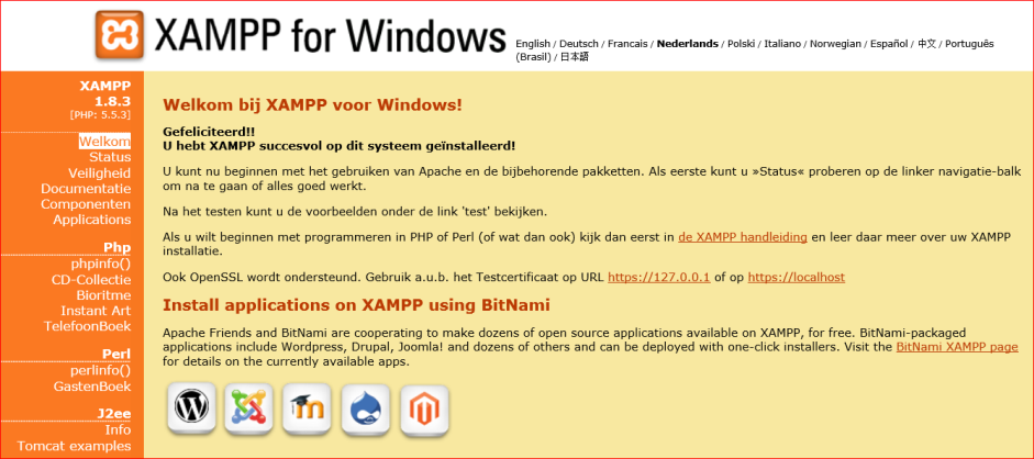 Daarna klik op start naast MySQL tot deze groen wordt en dan op start naast MySQL op volgende scherm. Klik op Nederlands.