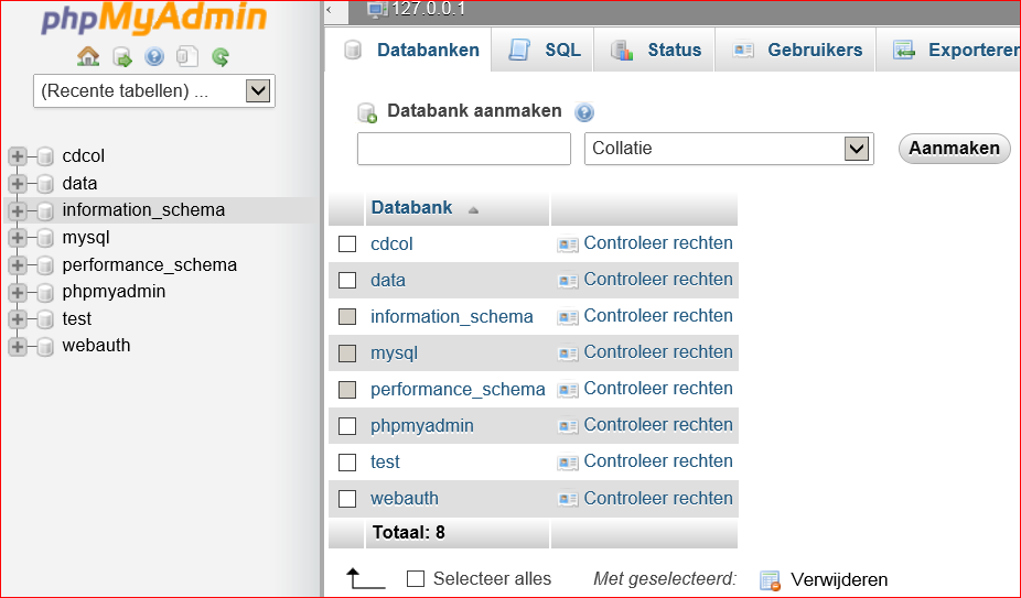 2. Databank configureren. Indien dit scherm niet verschijnt, ga naar: http://localhost/phpmyadmin.