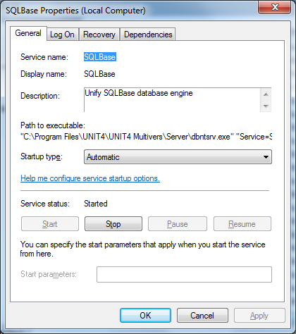 Dit scherm geeft weer waar het programma van de service staat, hoe de service heet en waar het configuratiebestand staat; bijvoorbeeld: "C:\Program Files (x86)\unit4\unit4 Multivers\Server\dbntsrv.