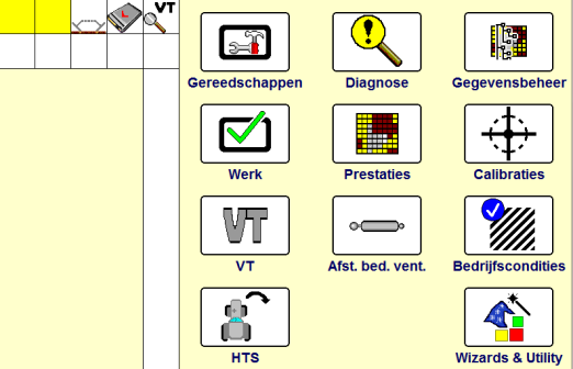 AFS Hoofdmenu Status iconen voor verschillende functies (DGPS status) Extra informatievelden Statusbalk HTS (Kopakkermanagement) Gereedschappen: instellingen GPS en NAV 5 Werkschermen in veldmodus 6