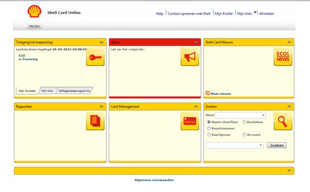 2 Inloggen in e-invoicing Wanneer u aanlogt in Shell Card Online dan ziet u het volgende scherm. U dient op e- Invoice te klikken in het Toegang tot toepassing portaal. e-invoicing kiezen Afb.