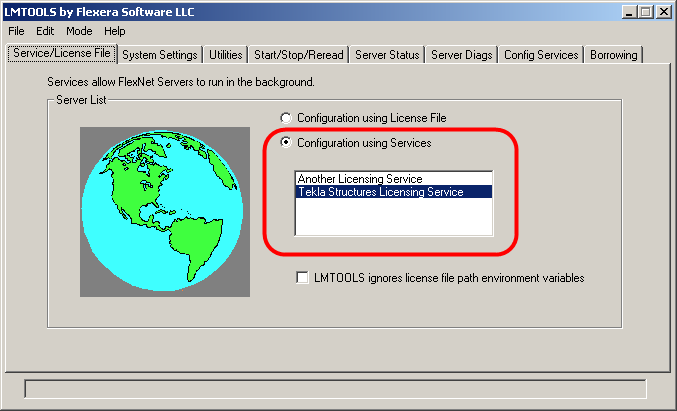 b. Ga naar het tabblad Service/License File en zorg ervoor dat Configuration using services en Tekla Structures Licensing Service zijn geselecteerd. c.