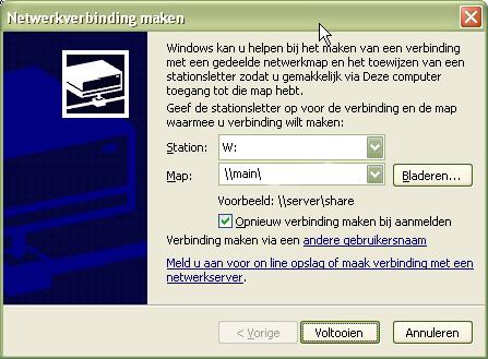 2. Server: Een netwerkverbinding maken naar deze map: a. Deze computer Extra Netwerkverbinding maken b. Kies een station (schijf). Deze moet ook beschikbaar zijn op de clients. c. Type de map in waarvan de netwerkverbinding gemaakt moet worden.