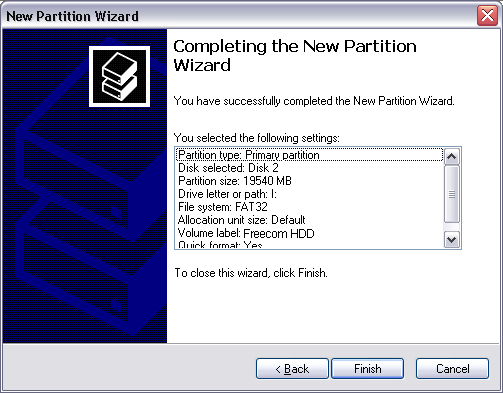 Freecom Hard Drive XS.0 9. Selecteer de "Format this partition with the following settings" optie. Kies voor "FAT2" bestandssysteem of "NTFS" bestandssysteem.